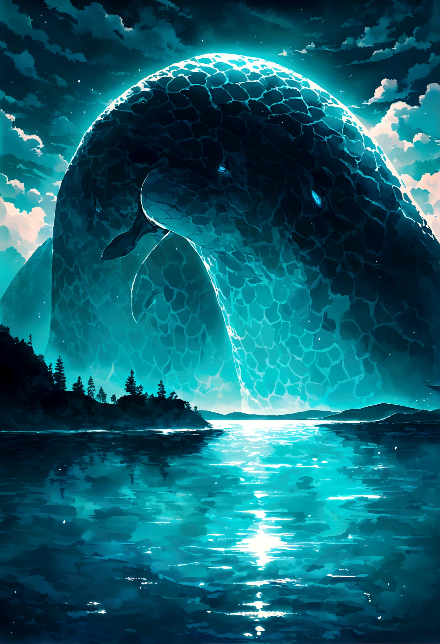 Loch Ness monster swimming in the ocean,deep turquoise water,rippling waves,giant creature emerging,dark and mysterious depths,vivid colors,subtle sunlight filtering through the water,monster with scaly skin and long neck,large,expressive eyes,splash of water,sense of wonder and awe,mythical creature hiding in plain sight,foggy mist enveloping the scene,dramatic lighting,crisp,detailed textures,hidden depths beneath the surface,reflection of the creature on the water's surface", heaven in sky