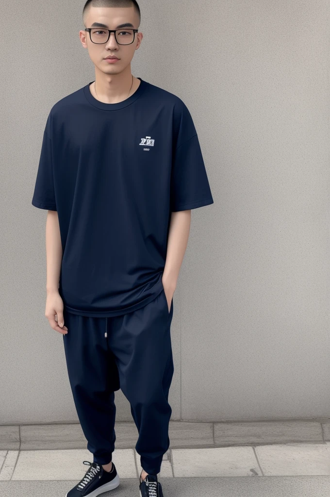 21 year old Beijing boy, he is wearing a oversize xxl blue plain t-shirt, he is wearing black trousers, he is wearing sneakers, he is wearing glasses, city, full body, he is buzz cut Hair, foot, walking