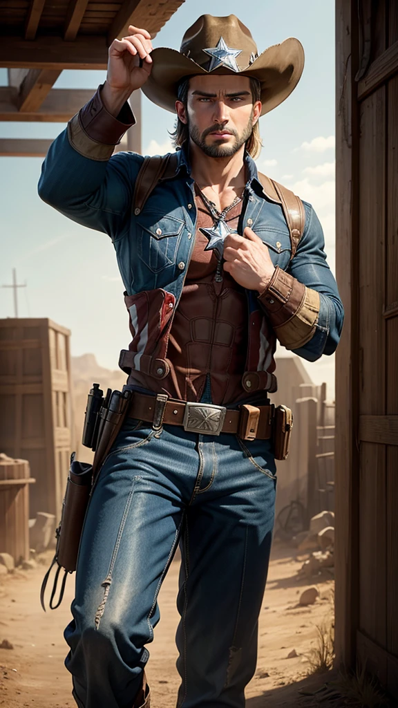 Captain America in Wild West style, wearing Cowboys lather clothes,, Cowboys hat and bring a pistol, in cowboy city, cinematic, extreem realistic, extreem detailed, extreem Sharp, super high resolution image, best quality photo,