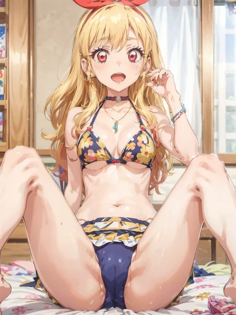 a cartoon image of an anime girl with big tits and a bikini, 1girl, kitagawa marin, swimsuit, bikini, blonde hair, solo, black bikini, long hair, floral print, breasts, print bikini, barefoot, jewelry, feet, soles, piercing, choker, open mouth, navel, necklace, earrings,Marin Kitagawa ,Ichigo Hoshimiya (Aikatsu!),lol_i