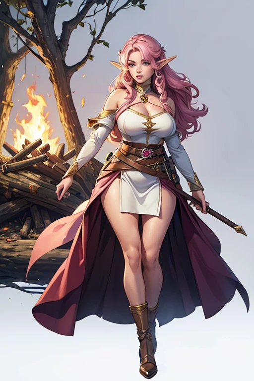 (Artwork),(best quality:1.1),(ultra-detailed),best illustration,fine details,(portrait:1.1),(intense FULL BODY close-up),watercolor drawing)floating,1 elf girl, Alone, 18 years old, voluptuous, (extremely delicate and beautiful face), (detailed pink eyes), thick pink lips, (disheveled hair) female elf, huge breasts, (wearing a short white tunic), soft and lazy, (simple background :1.2)full colored background,she is standing in front of a bonfire,night in the forest,clear,4K