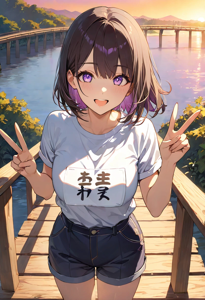 masterpiece, best quality, ultra detailed, detailed eyes, A high-resolution, digital illustration of a character with a joyful expression, standing on a wooden bridge during sunset. The character has short, dark hair with a subtle purple tint and is making a playful peace sign gesture near their eyes with both hands. They are wearing a light grey t-shirt with rolled-up sleeves and what appears to be a name tag or badge on the left side of the chest area. The background features warm sunlight filtering through the railing of the bridge, casting long shadows and creating an atmospheric glow around the character. The overall mood is cheerful and carefree, capturing the golden hour’s soft lighting that enhances the scene’s tranquil vibe.