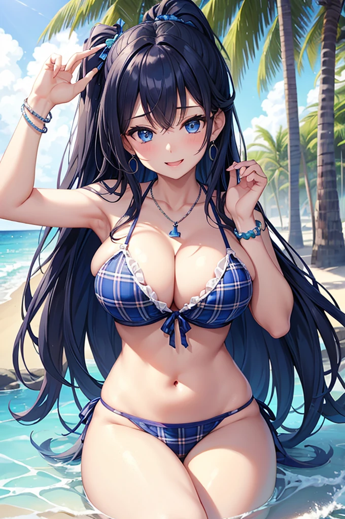 Highest quality、Highest quality、masterpiece、(8K),Beauty(Age 25)、Navy blue long hair、blue eyes、Sexy Bikini(Plaid)、Big cleavage、(Big Breasts)、smile、blue necklace、Blue Earrings、background(Beach)、Please open your mouth wide、White headband、bracelet、Dynamic pose