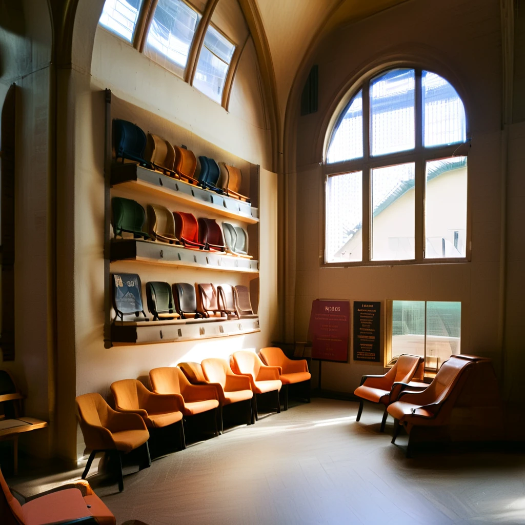 Create a hyper-realistic image of a chair museum with a perspective angle that emphasizes the large space and rows of shelves displaying chairs. The museum should have high ceilings and large windows allowing natural light to stream in. The shelves should be neatly arranged, showcasing a variety of chairs from different eras and styles. Include informational plaques next to the chairs and a few visitors admiring the exhibits. The overall atmosphere should be grand and educational, capturing the beauty and diversity of chair design in a spacious and well-lit environment