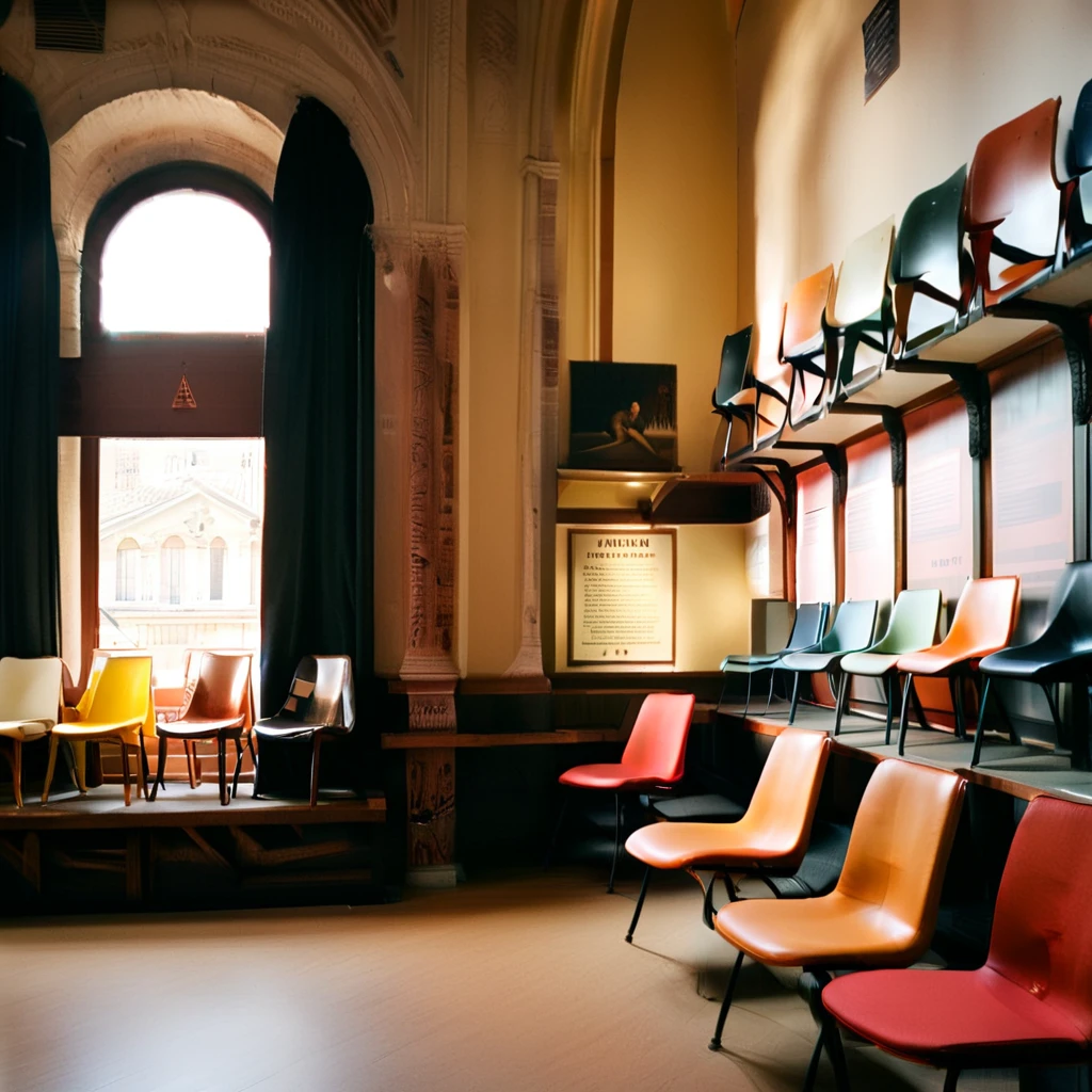 Create a hyper-realistic image of a chair museum with a perspective angle that emphasizes the large space and rows of shelves displaying chairs. The museum should have high ceilings and large windows allowing natural light to stream in. The shelves should be neatly arranged, showcasing a variety of chairs from different eras and styles. Include informational plaques next to the chairs and a few visitors admiring the exhibits. The overall atmosphere should be grand and educational, capturing the beauty and diversity of chair design in a spacious and well-lit environment