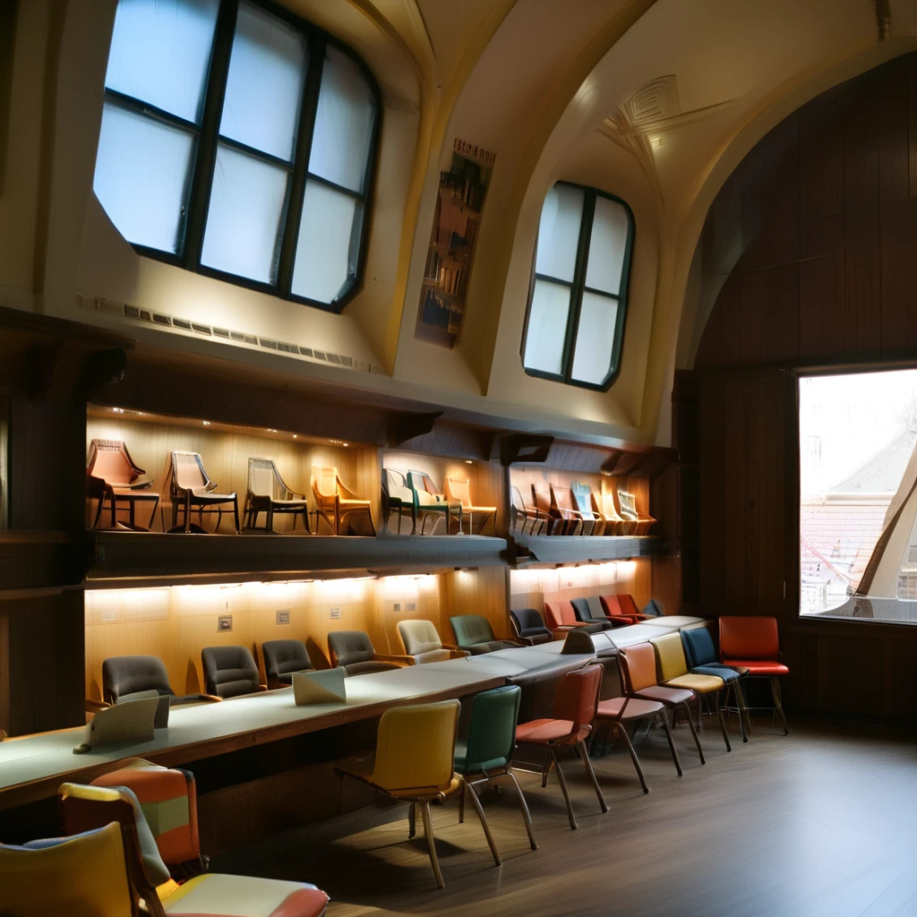 Create a hyper-realistic image of a chair museum with a perspective angle that emphasizes the large space and rows of shelves displaying chairs. The museum should have high ceilings and large windows allowing natural light to stream in. The shelves should be neatly arranged, showcasing a variety of chairs from different eras and styles. Include informational plaques next to the chairs and a few visitors admiring the exhibits. The overall atmosphere should be grand and educational, capturing the beauty and diversity of chair design in a spacious and well-lit environment