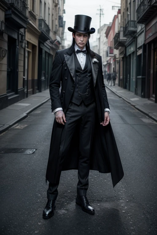 The man wears a long, black cloak that trails on the ground, giving him an air of mystery. He wears a dark Victorian suit, complete with waistcoat and a high-collared shirt. Accessories: A tall top hat covers part of his face, adding to his enigmatic air. He always carries an antique pocket watch that he checks frequently, and occasionally a stick with a head carved in the shape of a skull. Physical Appearance: His skin is extremely pale, almost ghostly. Their piercing eyes may appear white or red due to contact lenses. His black hair is well combed, with a distinctive white streak. Facial Expression: He has a subtle and sinister smile that suggests hidden intentions. Deep dark circles and pronounced wrinkles reveal sleepless nights and a tormented existence. Full body photo