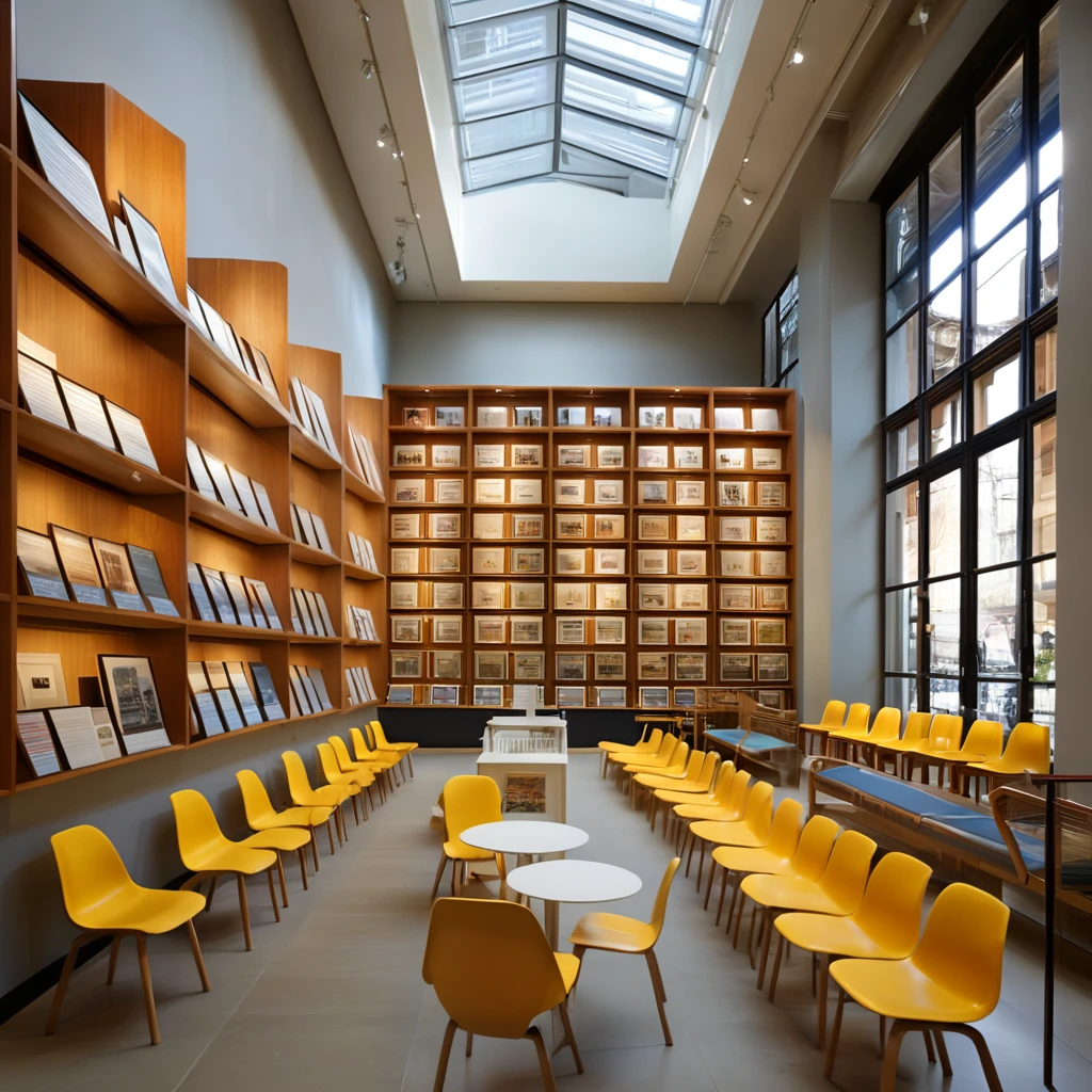 Create a hyper-realistic image of a chair museum with a perspective angle that emphasizes the large space and rows of shelves displaying chairs. The museum should have high ceilings and large windows allowing natural light to stream in. The shelves should be neatly arranged, showcasing a variety of chairs from different eras and styles. Include informational plaques next to the chairs and a few visitors admiring the exhibits. The overall atmosphere should be grand and educational, capturing the beauty and diversity of chair design in a spacious and well-lit environment