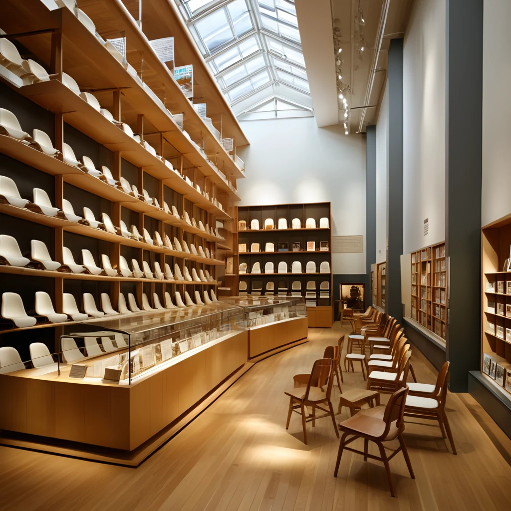 Create a hyper-realistic image of a chair museum with a perspective angle that emphasizes the large space and rows of shelves displaying chairs. The museum should have high ceilings and large windows allowing natural light to stream in. The shelves should be neatly arranged, showcasing a variety of chairs from different eras and styles. Include informational plaques next to the chairs and a few visitors admiring the exhibits. The overall atmosphere should be grand and educational, capturing the beauty and diversity of chair design in a spacious and well-lit environment