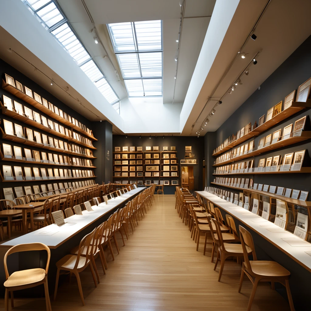 Create a hyper-realistic image of a chair museum with a perspective angle that emphasizes the large space and rows of shelves displaying chairs. The museum should have high ceilings and large windows allowing natural light to stream in. The shelves should be neatly arranged, showcasing a variety of chairs from different eras and styles. Include informational plaques next to the chairs and a few visitors admiring the exhibits. The overall atmosphere should be grand and educational, capturing the beauty and diversity of chair design in a spacious and well-lit environment