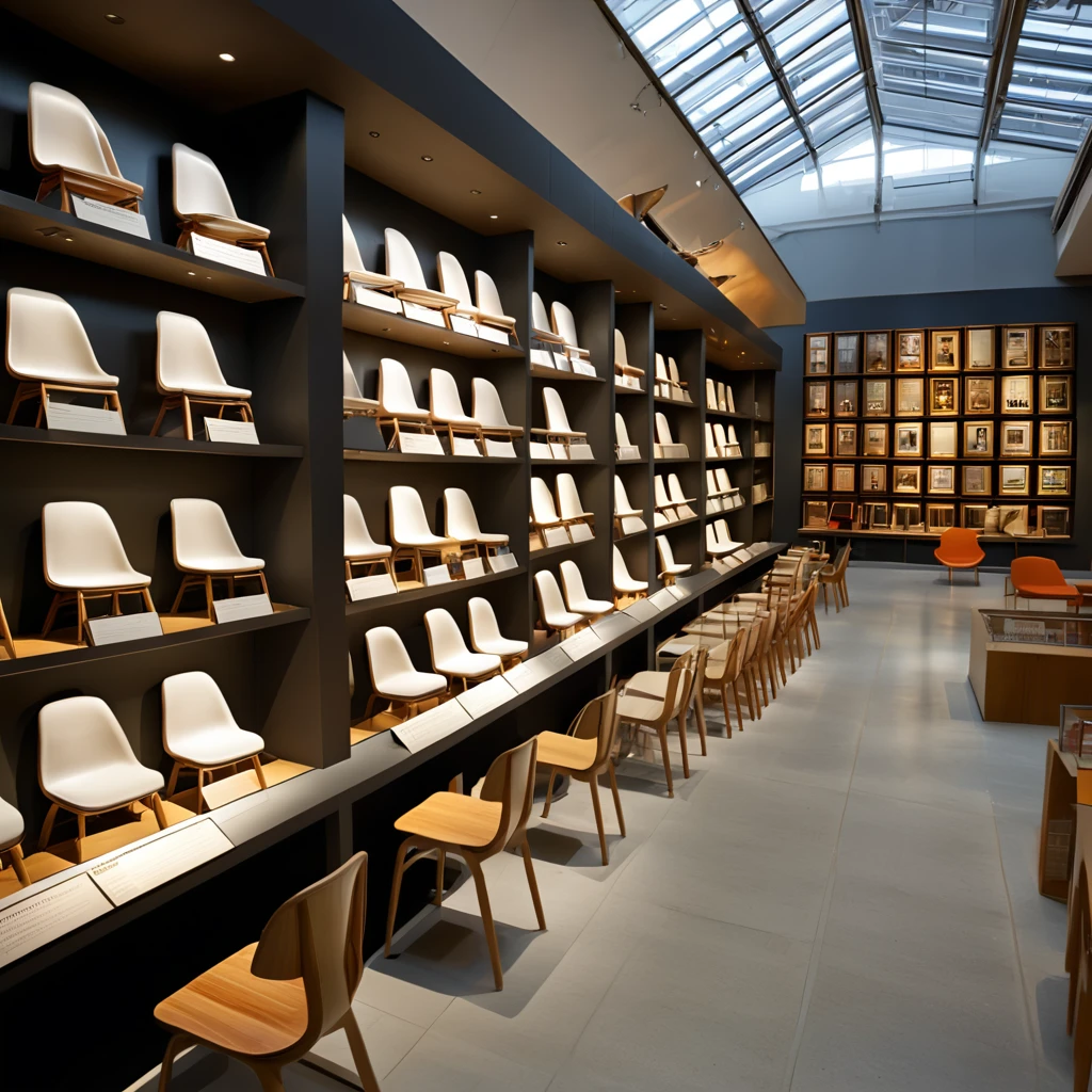 Create a hyper-realistic image of a chair museum with a perspective angle that emphasizes the large space and rows of shelves displaying chairs. The museum should have high ceilings and large windows allowing natural light to stream in. The shelves should be neatly arranged, showcasing a variety of chairs from different eras and styles. Include informational plaques next to the chairs and a few visitors admiring the exhibits. The overall atmosphere should be grand and educational, capturing the beauty and diversity of chair design in a spacious and well-lit environment