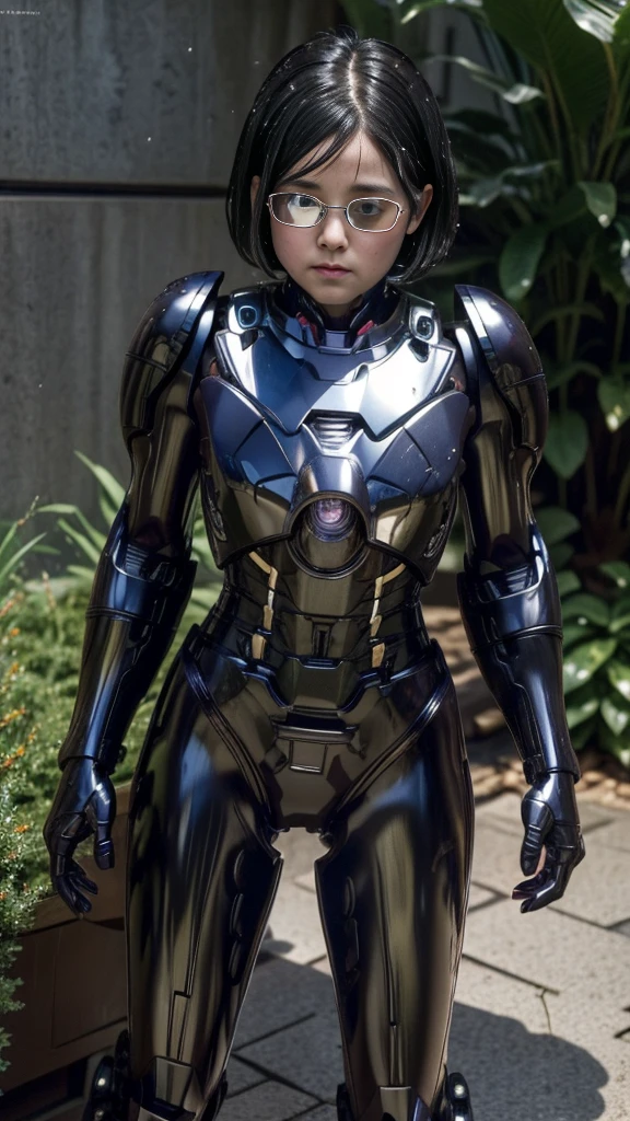 Highest quality　8k Full Body Iron Man Suit Girl　Glasses　cute　　Sweaty face　Hot and tired look　short hair　boyish　Steam coming out of my head　My hair is wet with sweat　The feel of black hair　Backwards　My upper body is soaked　 　I can see the vagina　Lying in bed　Face soaked　Spread your legs　garden　summer　bright