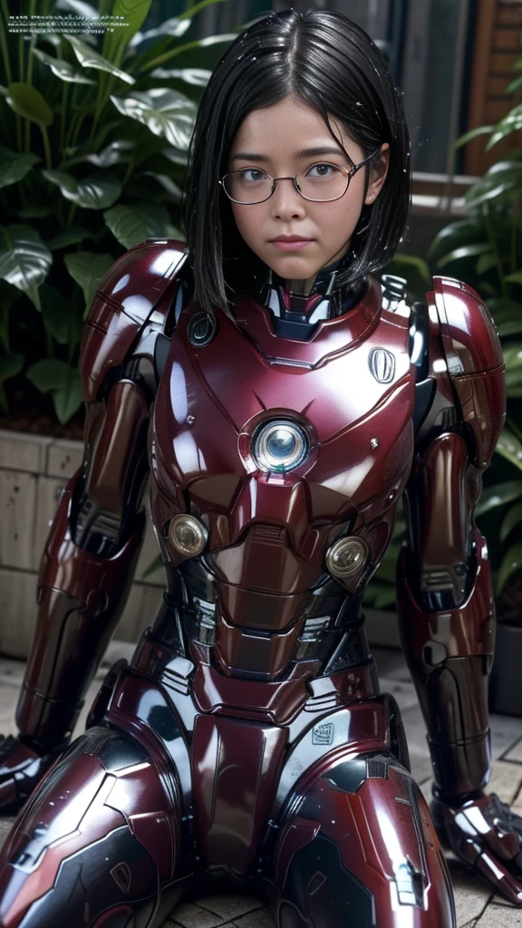Highest quality 8k Full Body Iron Man Suit Girl Glasses cute Sweaty face Hot and tired look short hair boyish Steam coming out of my head My hair is wet with sweat The feel of black hair Backwards My upper body is soaked I can see the vagina Lying in bed Face soaked Spread your legs garden summer bright
