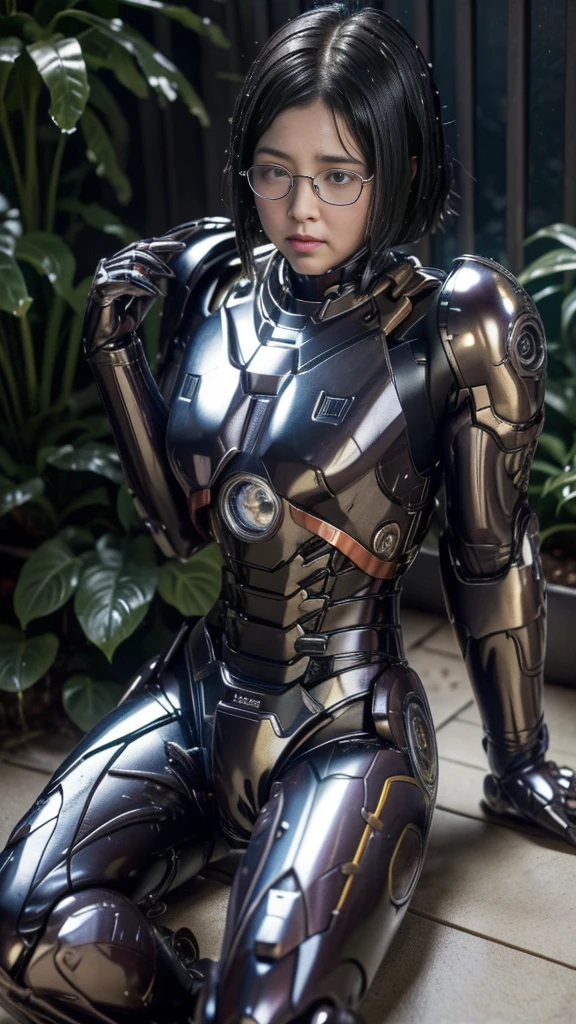 Highest quality　8k Full Body Iron Man Suit Girl　Glasses　cute　　Sweaty face　Hot and tired look　short hair　boyish　Steam coming out of my head　My hair is wet with sweat　The feel of black hair　Backwards　My upper body is soaked　 　I can see the vagina　Lying in bed　Face soaked　Spread your legs　garden　summer　bright