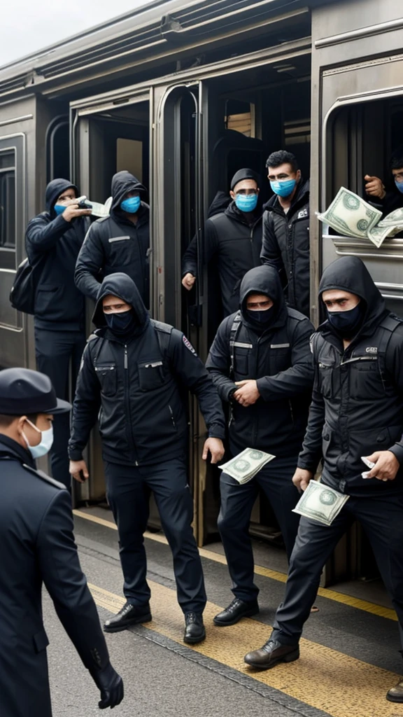 A group of 15 men, faces obscured by masks, hastily loading bags of money into getaway vehicles near a halted train, with guns and prepared for robbery.