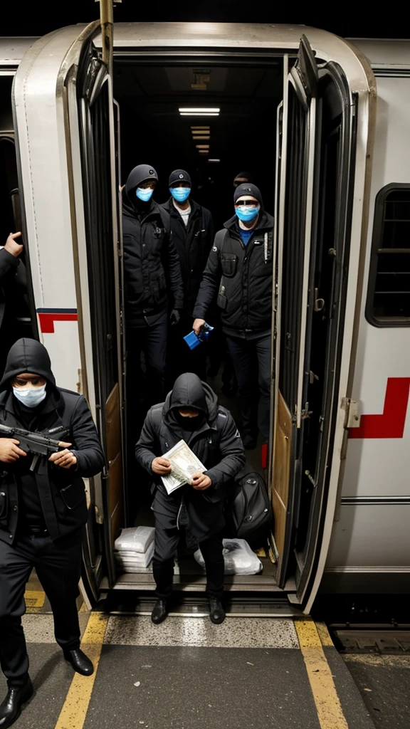 A group of 15 men, faces obscured by masks, hastily loading bags of money into getaway vehicles near a halted train, with guns and prepared for robbery.