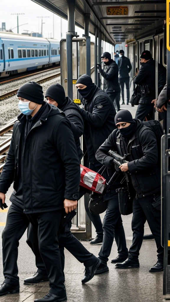 A group of 15 men, faces obscured by masks, hastily loading bags of money into getaway vehicles near a halted train, with guns and prepared for robbery.