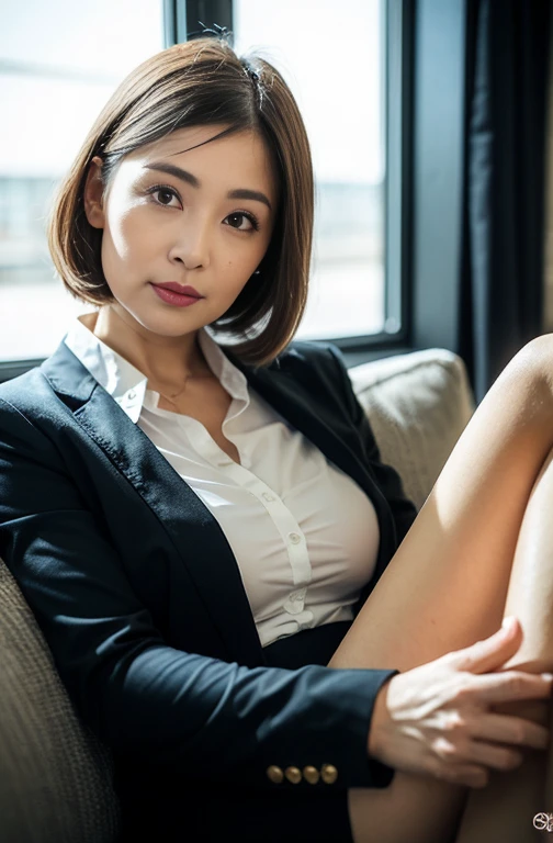 (((Spread your :1.05)))、(((Sexy :1.25)))、(((Sexy breasts:0.95)))、((Highest quality, 8K, masterpiece, masterpiece,Highest quality)), Glare, (One mature woman), ((From below:1, close:0.5, View your viewers)), ((short hair, Grey blazer, White shirt, eyelash, Lip gloss)), ( look:1.5), (Chubby:0.2), ((close your eyes:0.85)), ((Straight View your viewers)), born, An empty office,