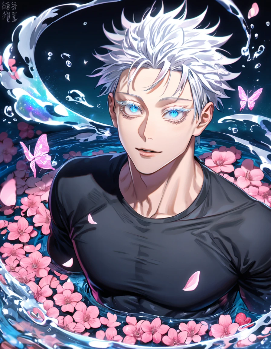 absurdres, highres, ultra detailed, HDR, master piece, best quality, Gojo Satoru, white hair, expressive blue eyes, white eyelashes, jujutsu kaisen, black tight T-shirt, solo, sexy man, handsome, fantasy, shining, water, pink flowers, pink blossoms, pink butterflies, pink petals