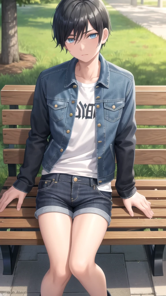 masterpiece, best quality, high quality, 1boy, solo, 14-year-old boy,evil boy,male focus, looking at viewer , black hair, old-school swoop haircut,blue jean jacket,black shorts, emerald eyes, sitting on a bench 