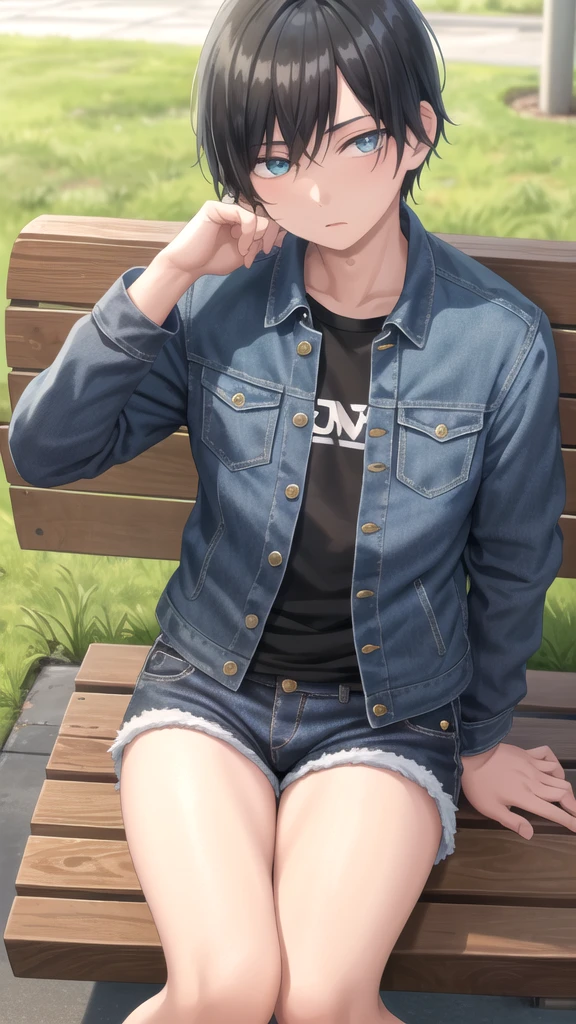 masterpiece, best quality, high quality, 1boy, solo, 14-year-old boy,evil boy,male focus, looking at viewer , black hair, old-school swoop haircut,blue jean jacket,black shorts, emerald eyes, sitting on a bench 