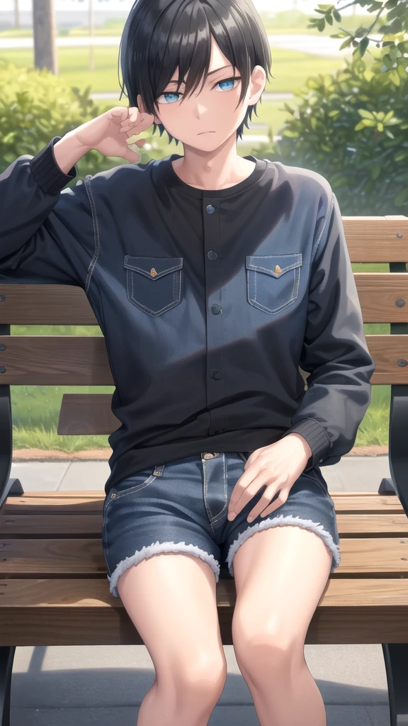 masterpiece, best quality, high quality, 1boy, solo, 14-year-old boy,evil boy,male focus, looking at viewer , black hair, old-school swoop haircut,blue jean jacket,black shorts, emerald eyes, sitting on a bench 