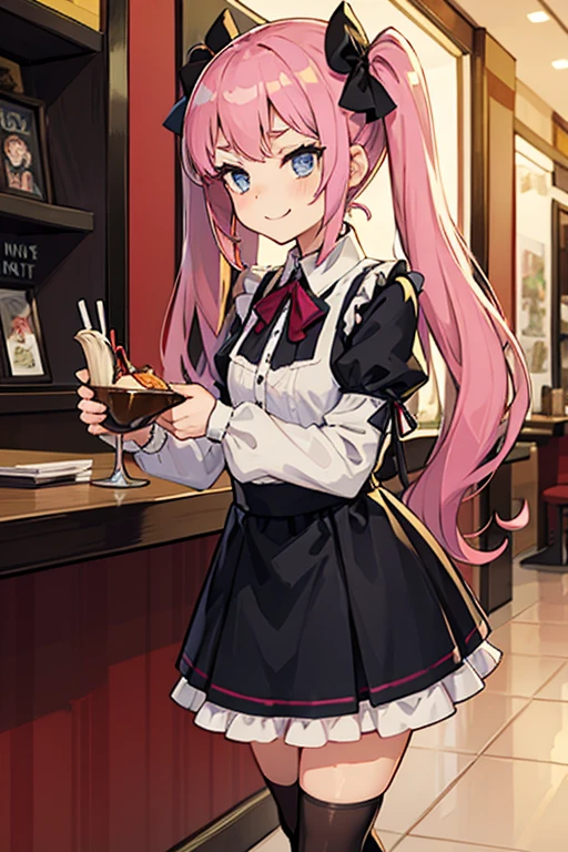 young girl with pink hair long twin-tail hairstyle, small thick eyebrows, with gothic lolita clothes, lolicon (Zankuro) drawing style of the zankuro artist, Zancrow style, image uploaded to R34, walking in the mall, flirty smile , suddenly having sex in public, doggy style sex , ((public sex in restaurant))
