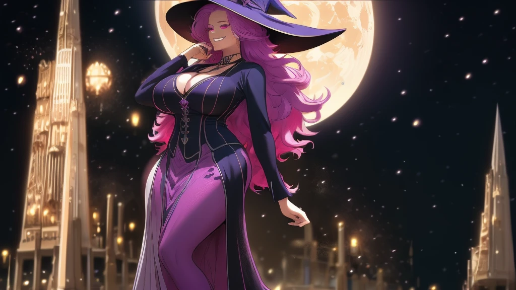 (high detailed) a 47 yo's woman, extremely large huge hairstyle, two toned hair, pink Sharp eyes, grim, smile, witch hat, , purple witch clothes, Long sleeves, large lenght skirt, Full body, background a dead-forest