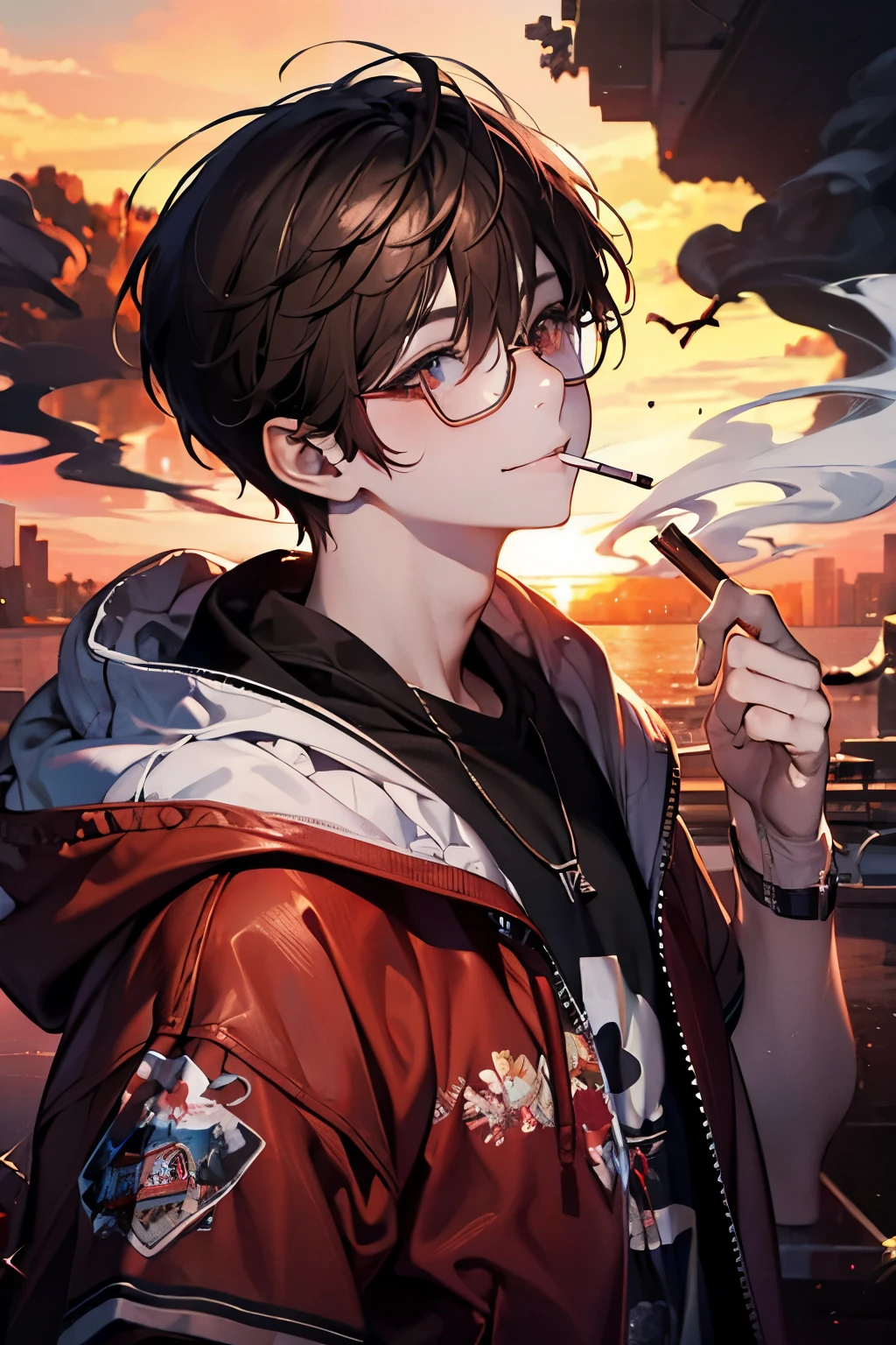Beautiful young man, brown hair, short hair, red eyes,Shiny Sparkling eyes,Short sleeve hoodie,(smokes), sunrise, smoke,high quality, amount of drawing, pixiv illustration,beautiful image,perfect pixiv,close-up view,smile,glasses