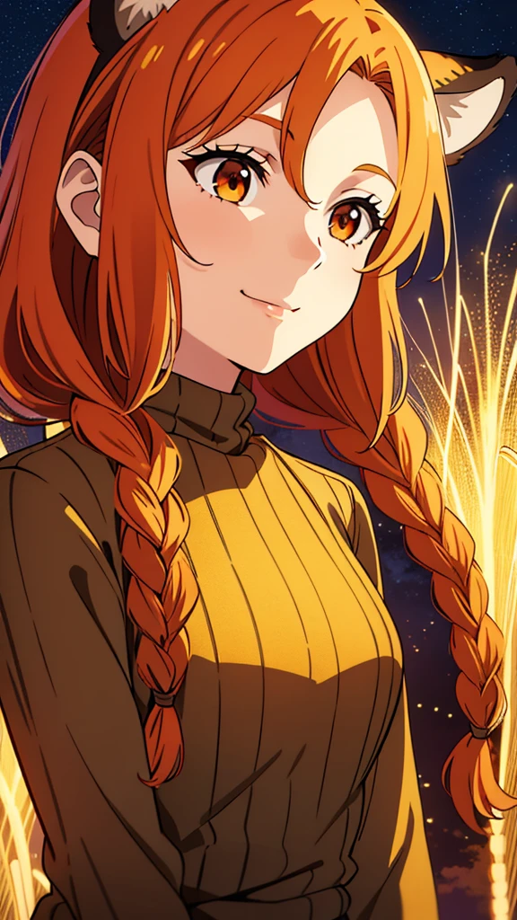 1girl,20 years old,mature female,tiger ears,long hair,(twin braids),orange hair,looking up at the sky,night, Vast sky, beautiful skyline, fireflies, fantasy,night scenery, wheat field, close up,smile, black sweater