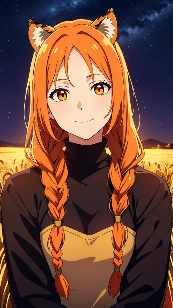 1girl,20 years old,mature female,tiger ears,long hair,(twin braids),orange hair,looking up at the sky,night, Vast sky, beautiful skyline, fireflies, fantasy,night scenery, wheat field, close up,smile, black sweater