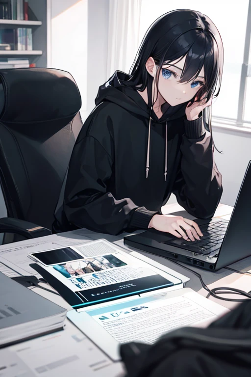 cute man with long black hair, wearing a black hooded sweatshirt, working on a computer, looking at the computer and not looking at me , 8k