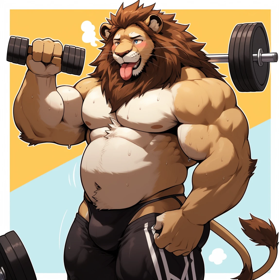 masterpiece, best quality, 8k resolution, Very detailed, hairy，(((lion))，(((Mature)))，(((Strong)))，portrait，(((Gym)))，For the audience，(((Dumbbell in hand)))，Highest quality scene，Solitary，solitary，(((whole body)))，(((Sweating)))，(((Half-squatted)))，((()))，((()))，((Fat-enclosed muscle))，(((Shameful)))，((Blushing))，(((Round face)))，(((alone)))，((VR glasses))，(((Strong body)))，(((Hip bulge))),(((Tongue out)))