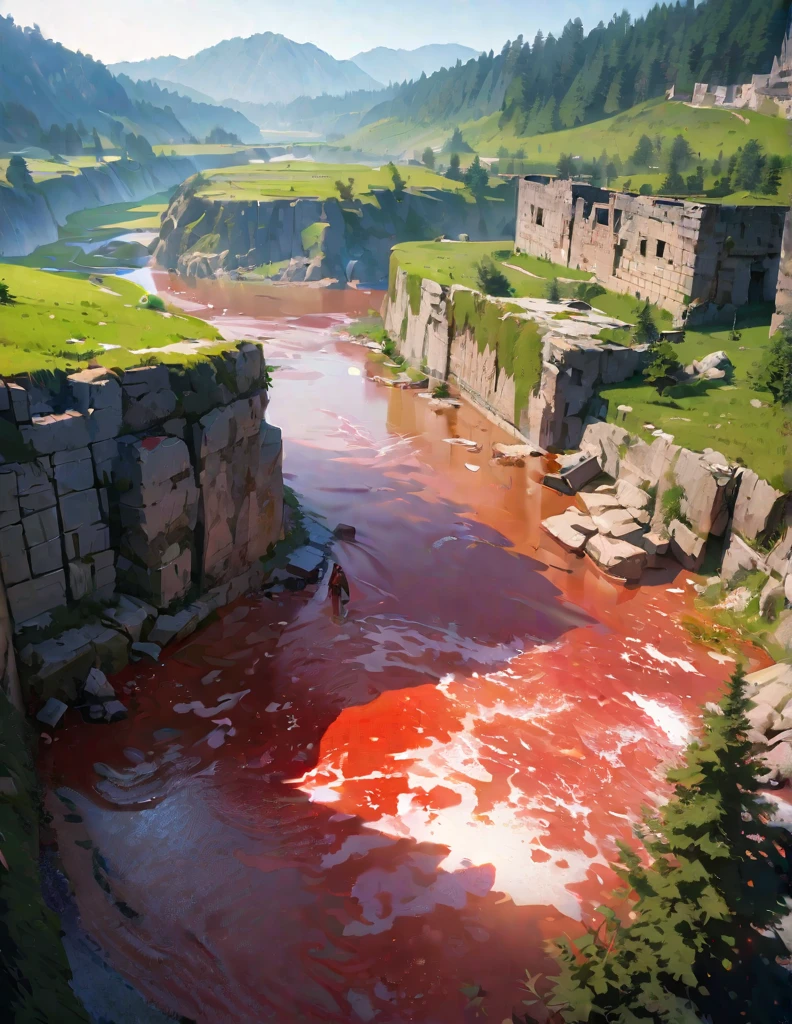 quality(8k wallpaper of extremely detailed CG unit, ​masterpiece, hight resolution, top-quality, top-quality ,hyper realisitic, digitial painting,increase the resolution,RAW photos，best qualtiy,highly detailed,the wallpaper),BREAK,8K, warrior standing in blood river, walking dead around, ancient ruins 