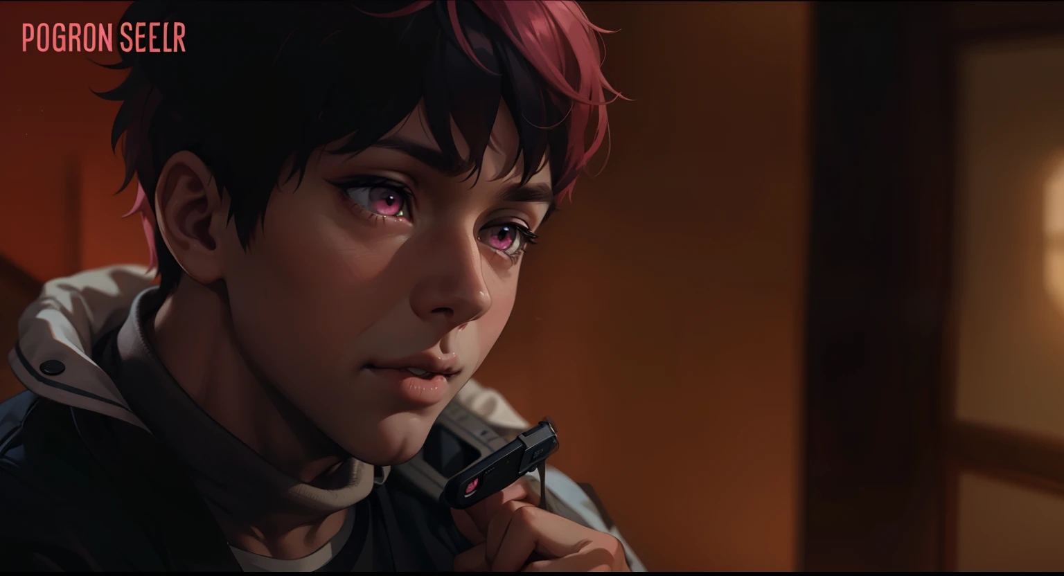 a cute young boy with pink hair pink eyes looking at his cell phone