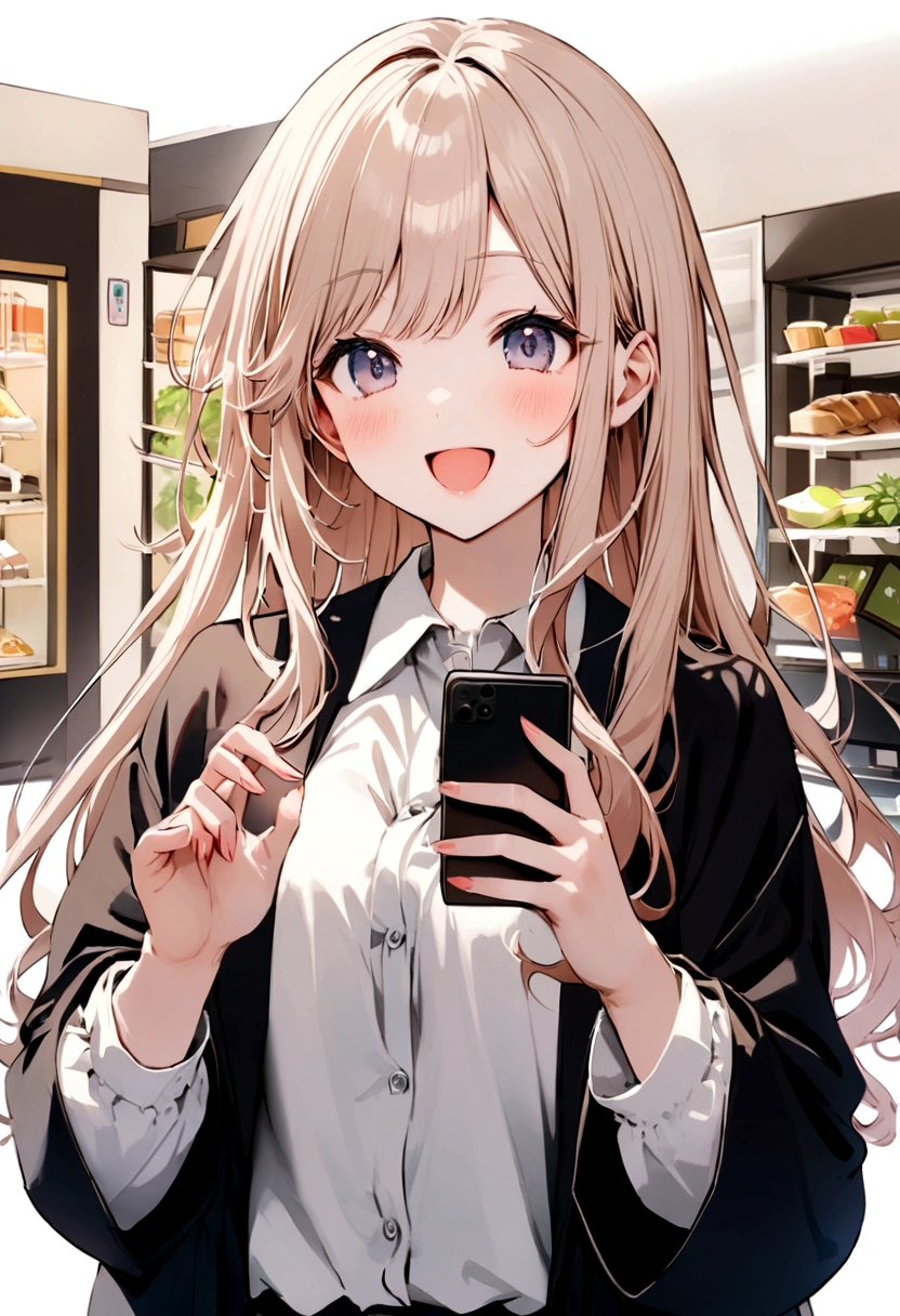 Background of the Stock Investment Chart Japanese 20th generation woman holding a smartphone Long hair smiles