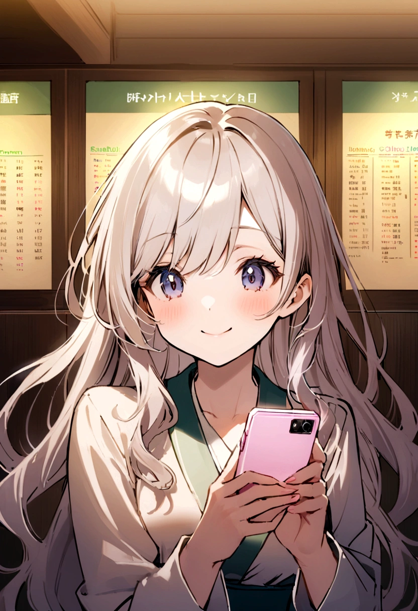 Background of the Stock Investment Chart　Japanese　20th generation　woman　holding a smartphone　Long hair smiles