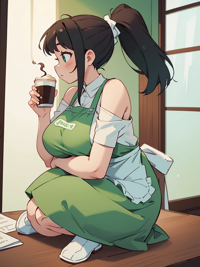 Cool beauty,Looks sweet,bob haistyle, (only wearing dark green starbucks apron, off-shoulders), show clavage, show big thigh, plump body, huge breast, full body photo, squat pose. Wearing black bunny headbe. Side view. nd. In coffee shop.