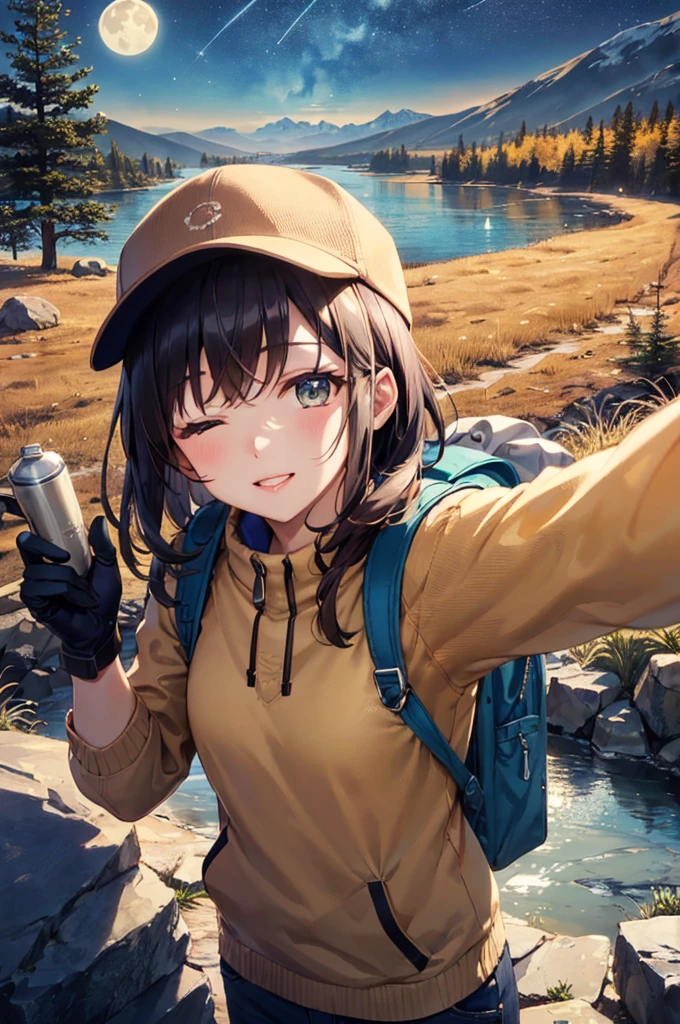 (illustration: 1.0), masterpiece, best quality, 1 girl, solo, camping, happy, smile, nature, trees, tent, camping_chair, camping, fire, roasting_marshmallows, hot coffee, book, map, backpack, picnic_blanket, flower, butterfly, sunny_day, , hiking_boots, denim_shorts, jacket, (perspective: 1.3), From below, (looking away: 1.2), (from the side: 1.0), long_hair, breasts, smile, bangs, (orange hair: 1.1), hair_ornament, side_ponytail, swept_bangs, thick_eyebrows, hair_bobbles, skin_fang, shut up, green eyes, (light rain hazy feeling: 1.3), (light rain: 1.2), gray sky, extreme detail, ultra-high resolution, (gray color cast: 1.5), intricate, (artistic bacteria: 1.2), (high contrast: 1.2), (colorful), (very detailed and beautiful: 1.3), (cute: 1.3), large round eyes, (detailed ultra-oily shiny skin: 1.2), (detailed hands and fingers: 0.9), (rain on the body light effect: 1.5)