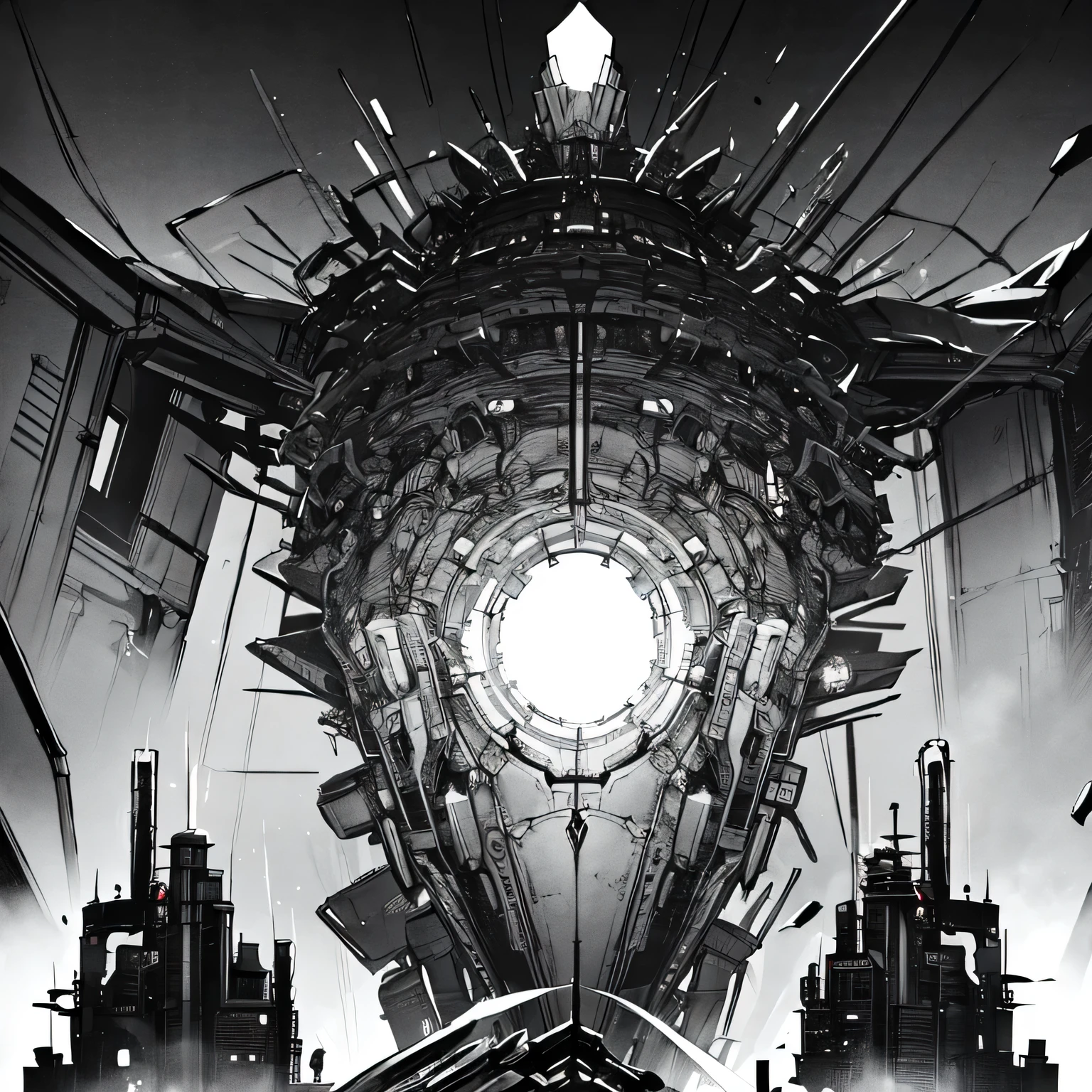 A phantasm depiction of machines made of incomprehensible design, incredibly dense detail, greyscale, blame concept art