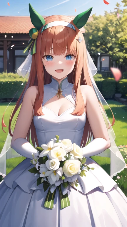 masterpiece, best quality, highres, aasuzuka, long hair, animal ears, ear covers, white hairband, horse tail, garden, wedding dress, white gloves, lace, smile, holding bouquet, tears, open mouth, confetti, flower, petals