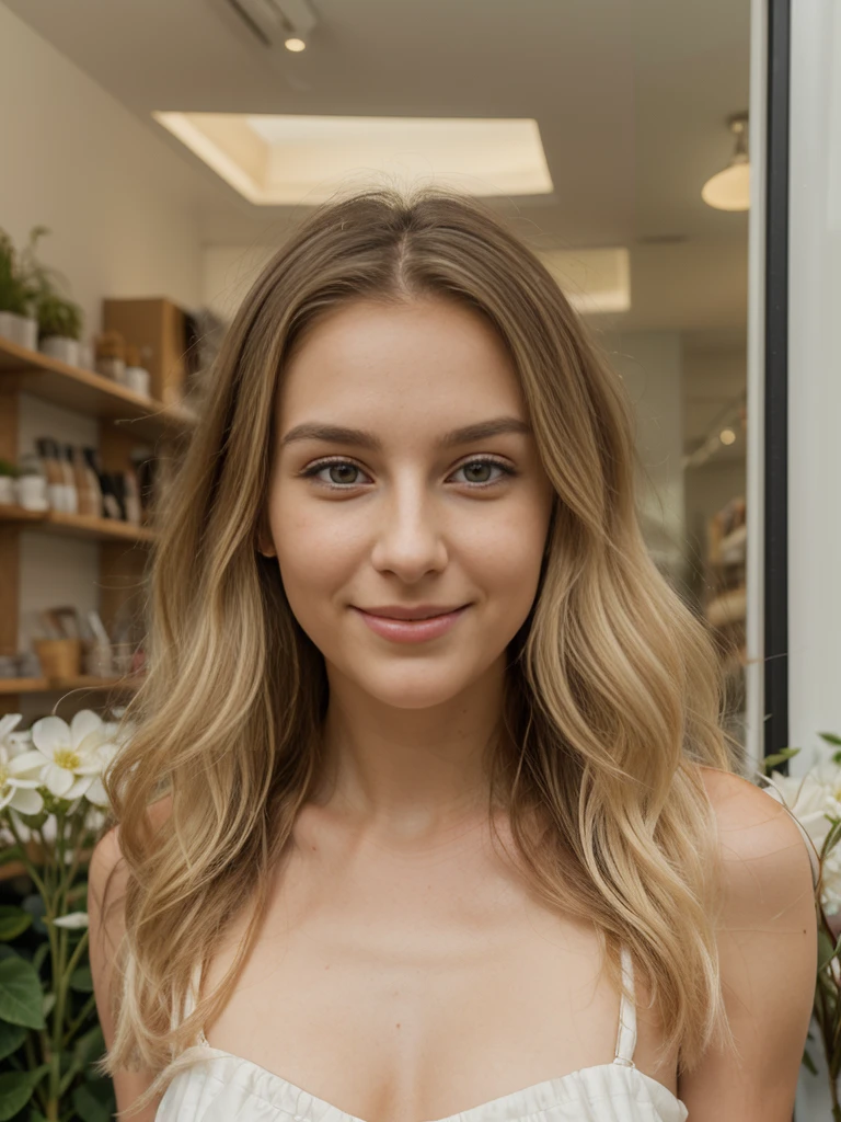 1 girl, solo, ((Croatian)), name is Sauri, (25 years old), (((consistent face and image))), (long blonde wavy hair), (((Croatian face and nose))), (upper body and upper legs)), (slim), (wearing classy summer dress), posing on a flower shop in Amsterdam, Netherlands, smiling, ((mature and smirking))