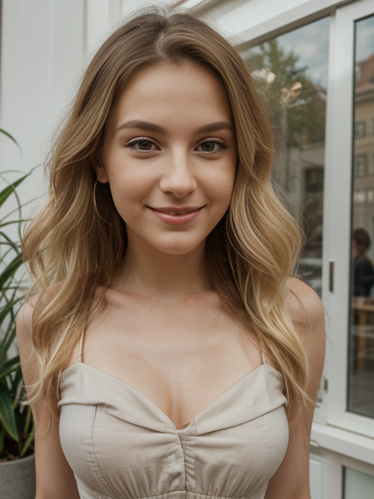 1 girl, solo, ((Croatian)), name is Sauri, (25 years old), (((consistent face and image))), (long blonde wavy hair), (((Croatian face and nose))), (upper body and upper legs)), (slim), (wearing classy summer dress), posing on a flower shop in Amsterdam, Netherlands, smiling, ((mature and smirking))