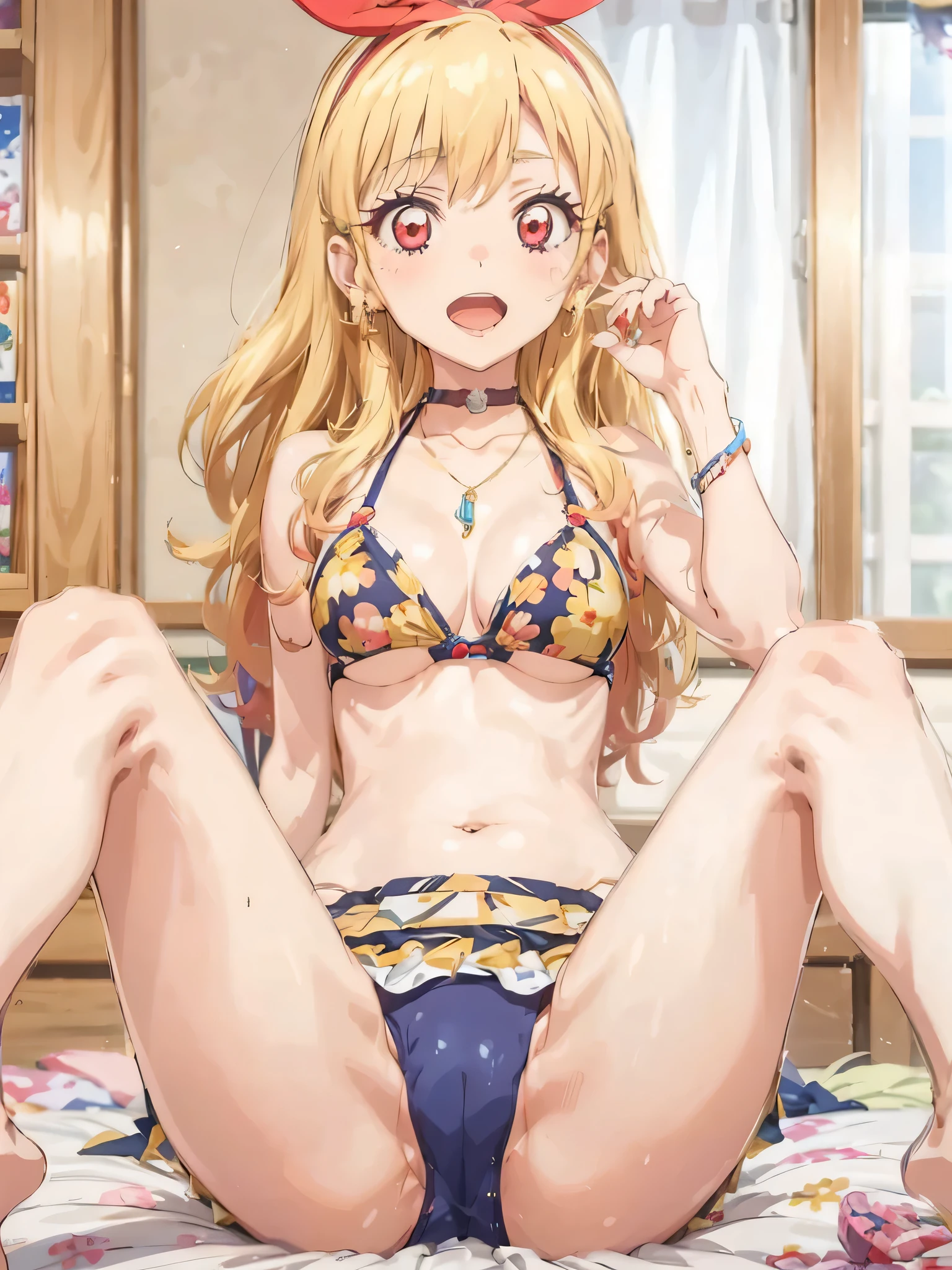 a beautiful female nurse kneeling in a hospital, dressed in nurse's uniform, 1girl, nurse, breasts, nurse cap, solo, blonde hair, thighhighs, cleavage, smile, choker, large breasts, long hair, red eyes, looking at viewer, hat, kitagawa marin, jewelry, black choker, black thighhighs, grin, earrings, piercing, ear piercing, bangs, collarbone,Marin Kitagawa ,Ichigo Hoshimiya (Aikatsu!),lol_i
