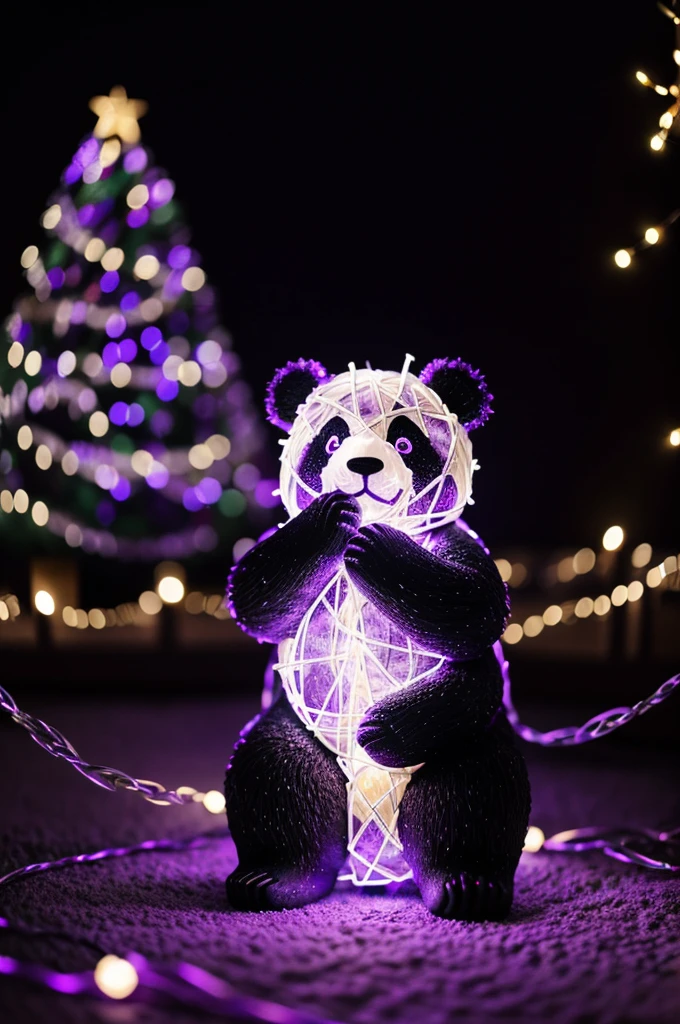 Create a panda in the dark, tangled in purple Christmas lights