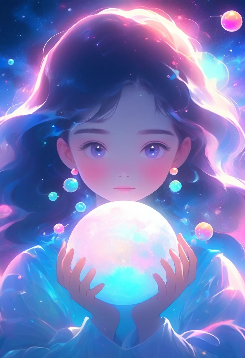 A girl holding a planet in her arms，close up，Glowing fluorescent feeling，Transparency，dream，Monet's color scheme，Texture Matte，high quality，High Definition，Rose red，blue，Neon light，Space Background