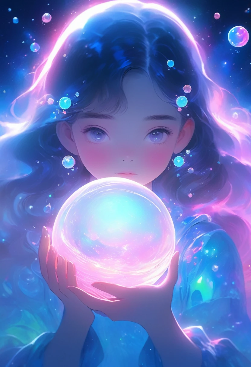 A girl holding a planet in her arms,close up,Glowing fluorescent feeling,Transparency,dream,Monet's color scheme,Texture Matte,high quality,High Definition,Rose red,blue,Neon light,Space Background