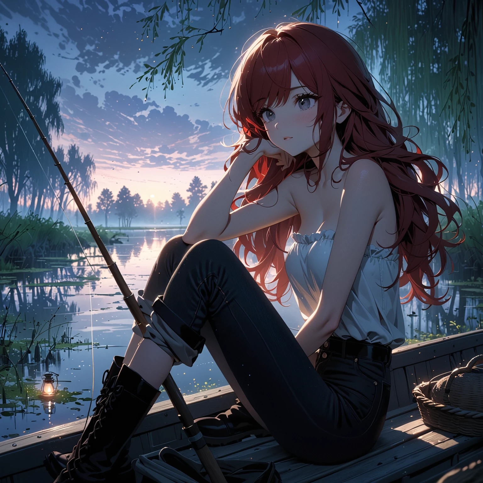 masterpiece, best quality, 1 young woman, beautiful, dusk, particles,magic, cozy, sitting in boat and fishing, dark red hair in low twin tails, swept bangs, gray eyes, white strapless shirt, hat, jeans, black boots, from side, swamp, willow trees,
dramatic light, beautiful lights,4k, gorgeous, cinematic,