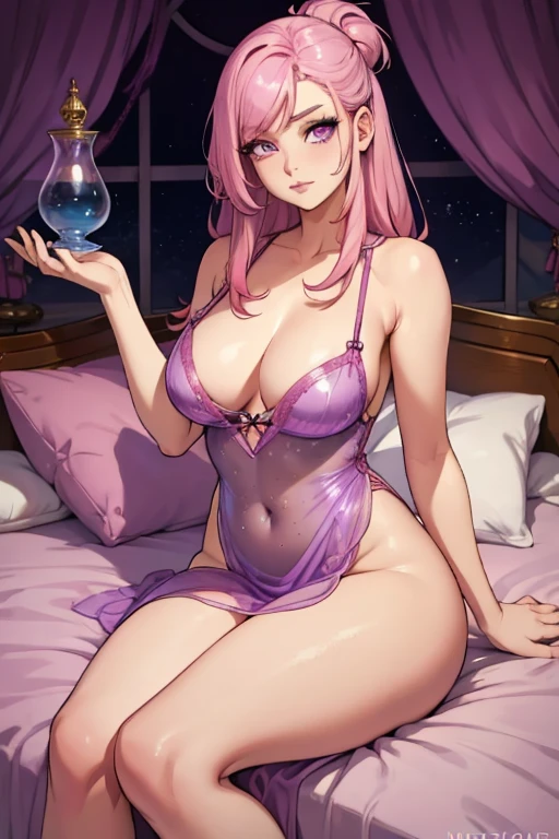 A pink haired woman with violet eyes and an hourglass figure in a slinky nightgown is posing on a bed
