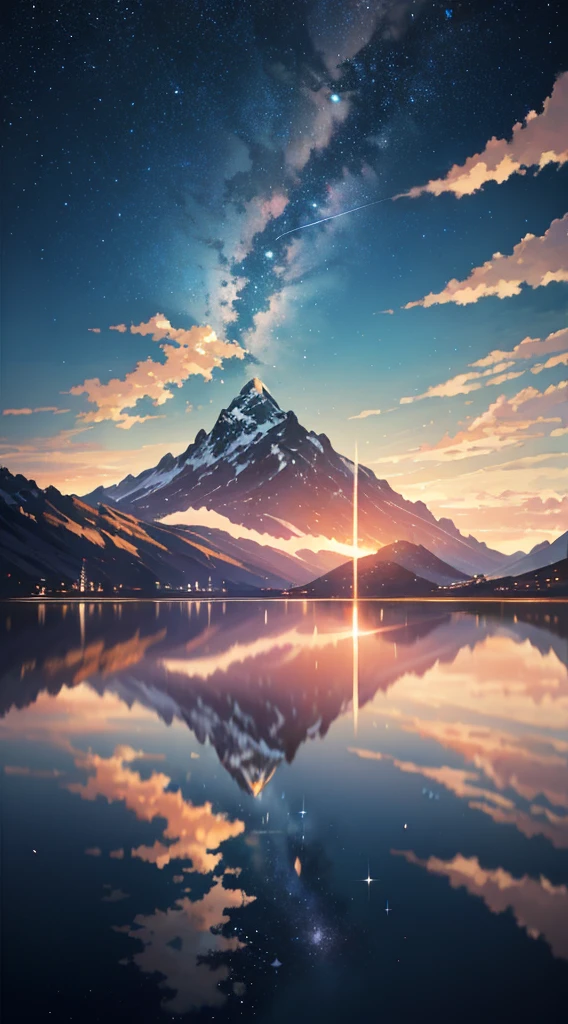 High quality masterpiece, landscape, anime train passing through bodies of water on tracks, bright starry sky. Romantic train, pixiv, concept art, lofi art style, reflection. by Makoto Shinkai, lofi art, Beautiful anime scene, Anime landscape, detailed scenery —width 672, in style of Makoto shinkai, style of Makoto shinkai, enhanced details.